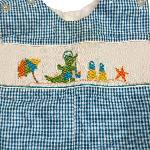 Velani Light Blue Check Smocked Green Alligator Day at Beach Jon Jon 12Months - Picture 2 of 5
